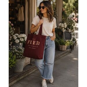 FEED Projects Burgundy Canvas Tote Bag Help Feed The Children Graphic Maroon NEW